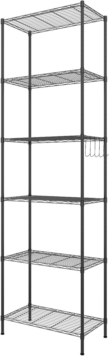BATHWA 6-Tier Metal Wire Rack, Free Standing Shelving Unit, Adjustable Heavy Duty Storage Shelves for Kitchen Organization, with Leveling Feet and Stainless Side Hooks, Black