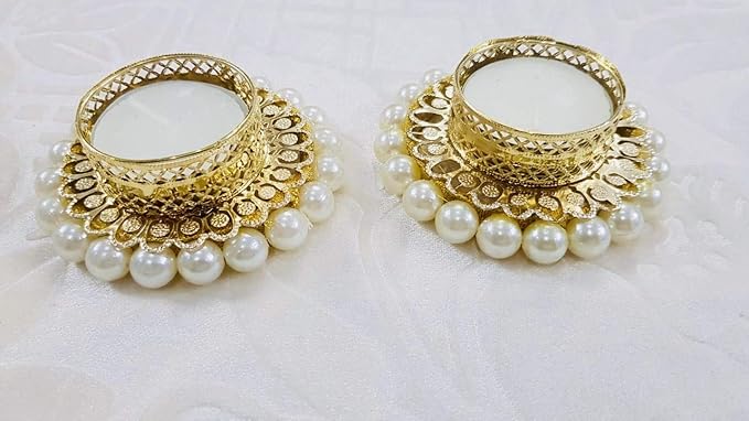 Diwali Diya/Candle Holder/Modern Metal Pearl Diwali Diya Holder/Decorative Diya/Home Decoration/Diwali Gift/Golden Colour/T Light Candle Holder/Set of 2/Navratri/Diwali/Puja