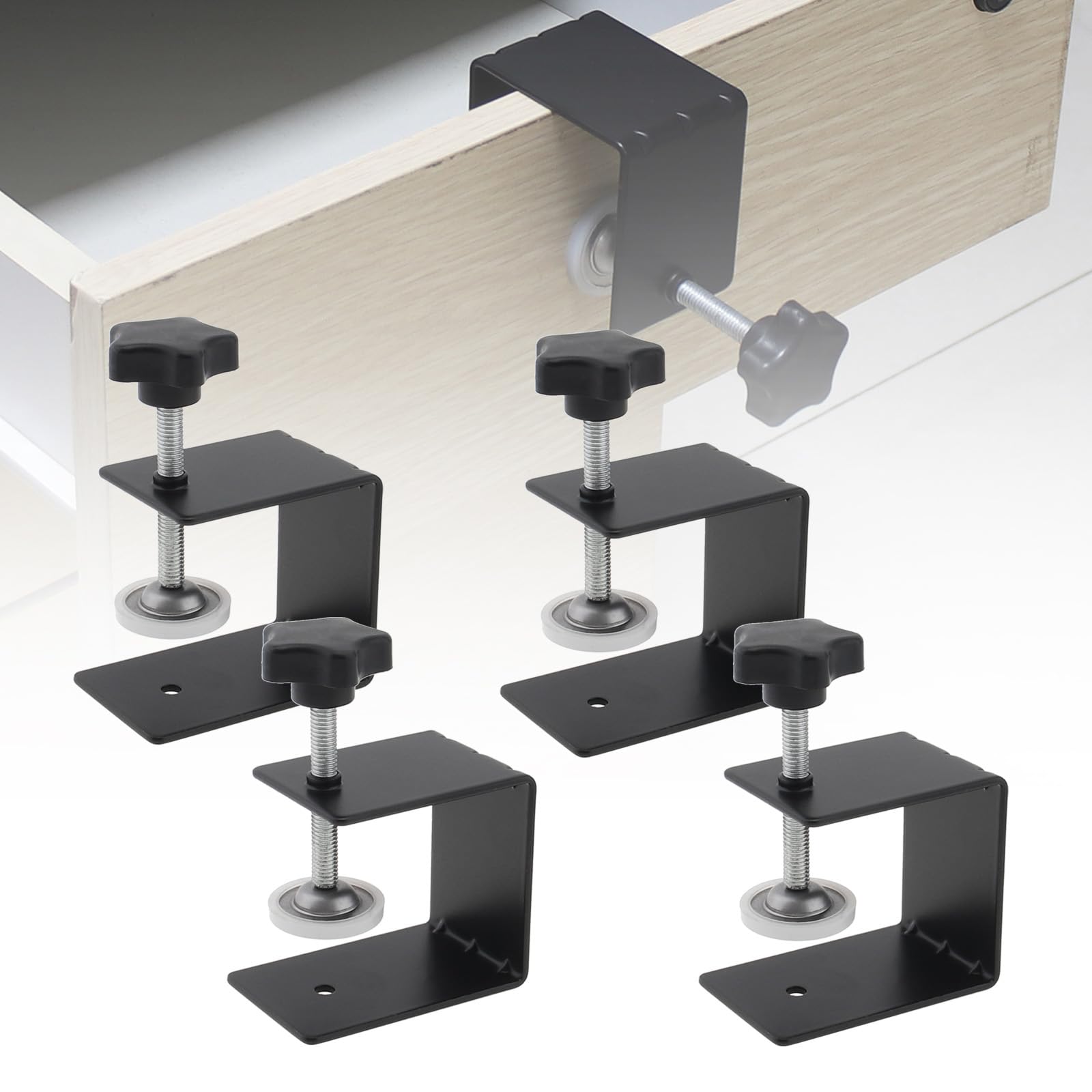 Omninmo 4pcs Drawer Fixing Clip, Drawer Front Panel Installation Clamp Cabinet Hardware Jig C Clamps Drawer Drill Hole Guide C Clamp for Woodworking Tables Desk Mount, with Big Silicone Protective Pad