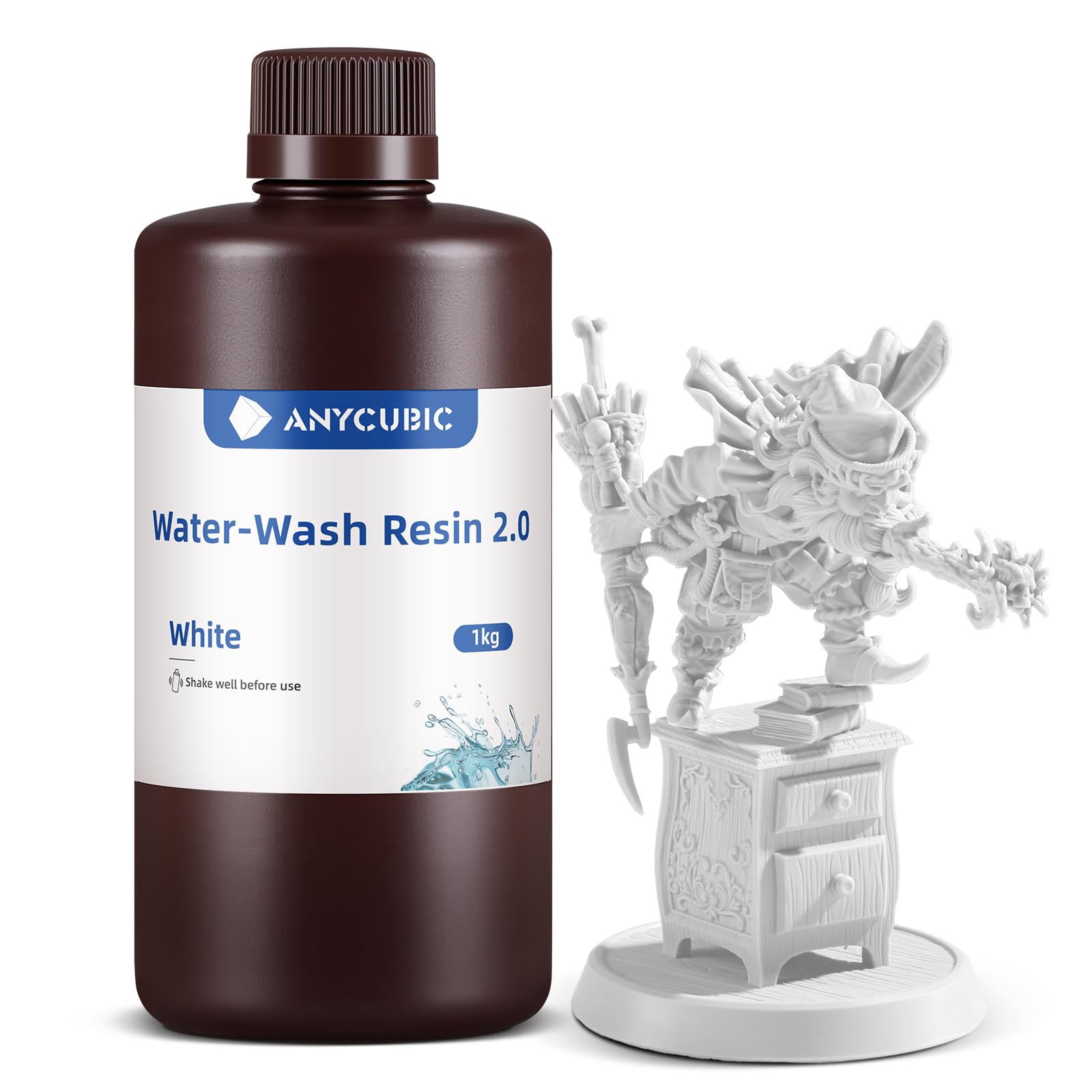 ANYCUBIC Water Washable 3D Printer Resin 2.0 with Easy Post-Processing, High Precision and High Resilience, Low Odor and Anti-Yellowing 3D Resin for LCD/DLP Printers(White,1kg)