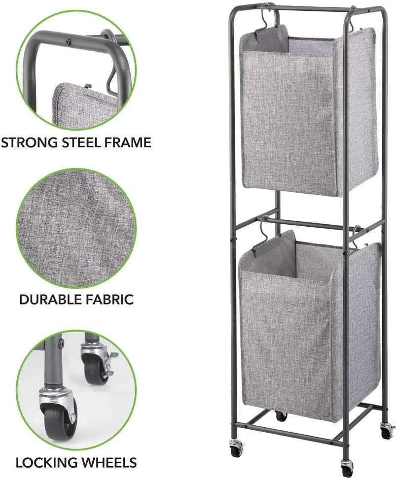 mDesign Vertical Stacked Laundry Hamper Basket with Wheels, Portable, 2 Removable Bags for Organizing Clothes Laundry, Lights - Image 4