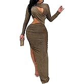 Elainone Women's Sexy Ruched Long Sleeve Bodycon Dress Cut Out Solid Color Basic Fitted Elegant Midi Dresses