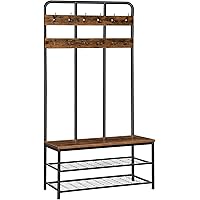 HOOBRO Coat Rack Shoe Bench, Pipe Style Hall Tree with 12 Hooks, Multifunctional Entryway Storage Shelf, Large Size, Wood Loo