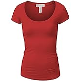 Active Basic Womens Plain Basic Deep Scoop Neck with Cap Short Sleeves - Red - Small