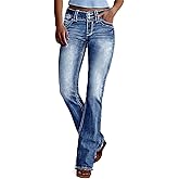 AprPith Women Mid Waisted Bootcut Jeans Zip Stretchy Slim Casual Double Button Flare Denim Pants with Distressed Pocket