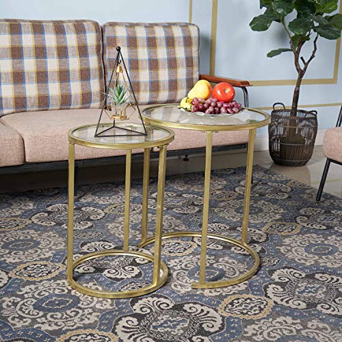 Gold Glass Nesting Side End Tables Set of 2, Round Small Stacking Drink