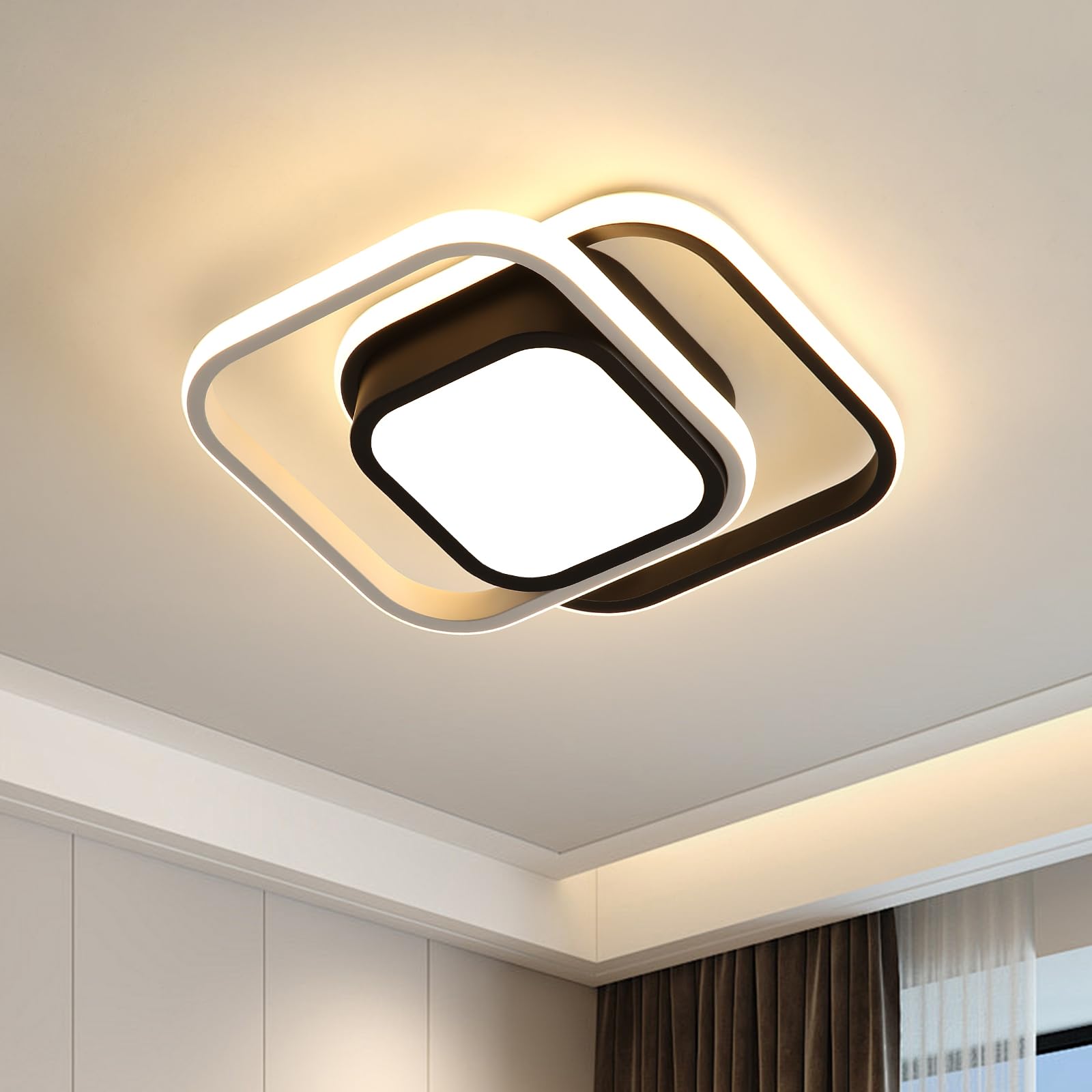 Dorlink LED Ceiling Lights, 2 Squares Flush Mount Ceiling Lighting, 32W Black and White Ceiling Light Fitting for Bedroom Kitchen Hallway Dining Room Warm White 3000K