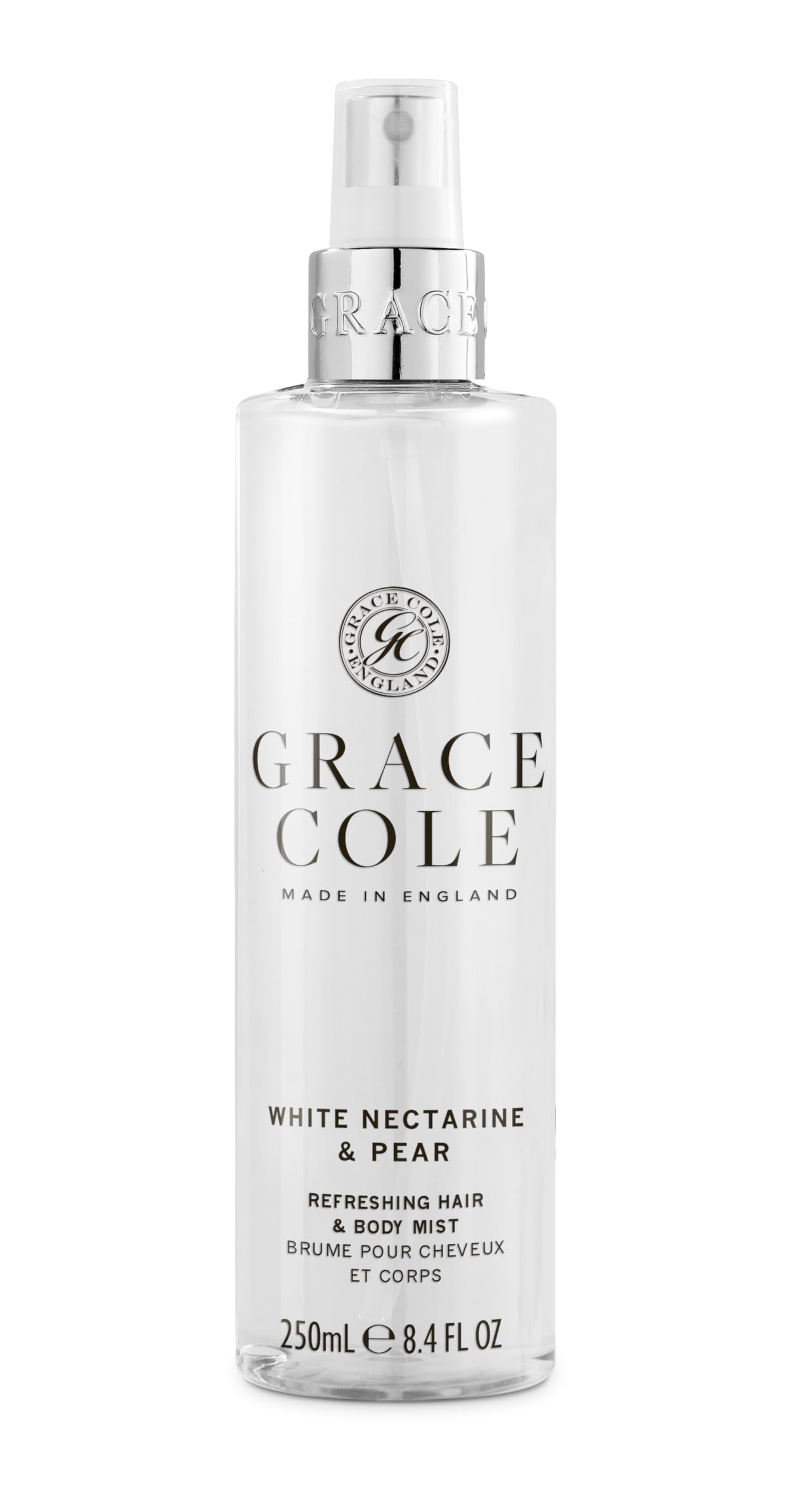 Grace Cole Body Spray 250ml - White Nectarine & Pear Fragrance - Womens Hair & Body Mist - Refreshing, Moisturising Spray With Essential Oils - Vegan - Made In England