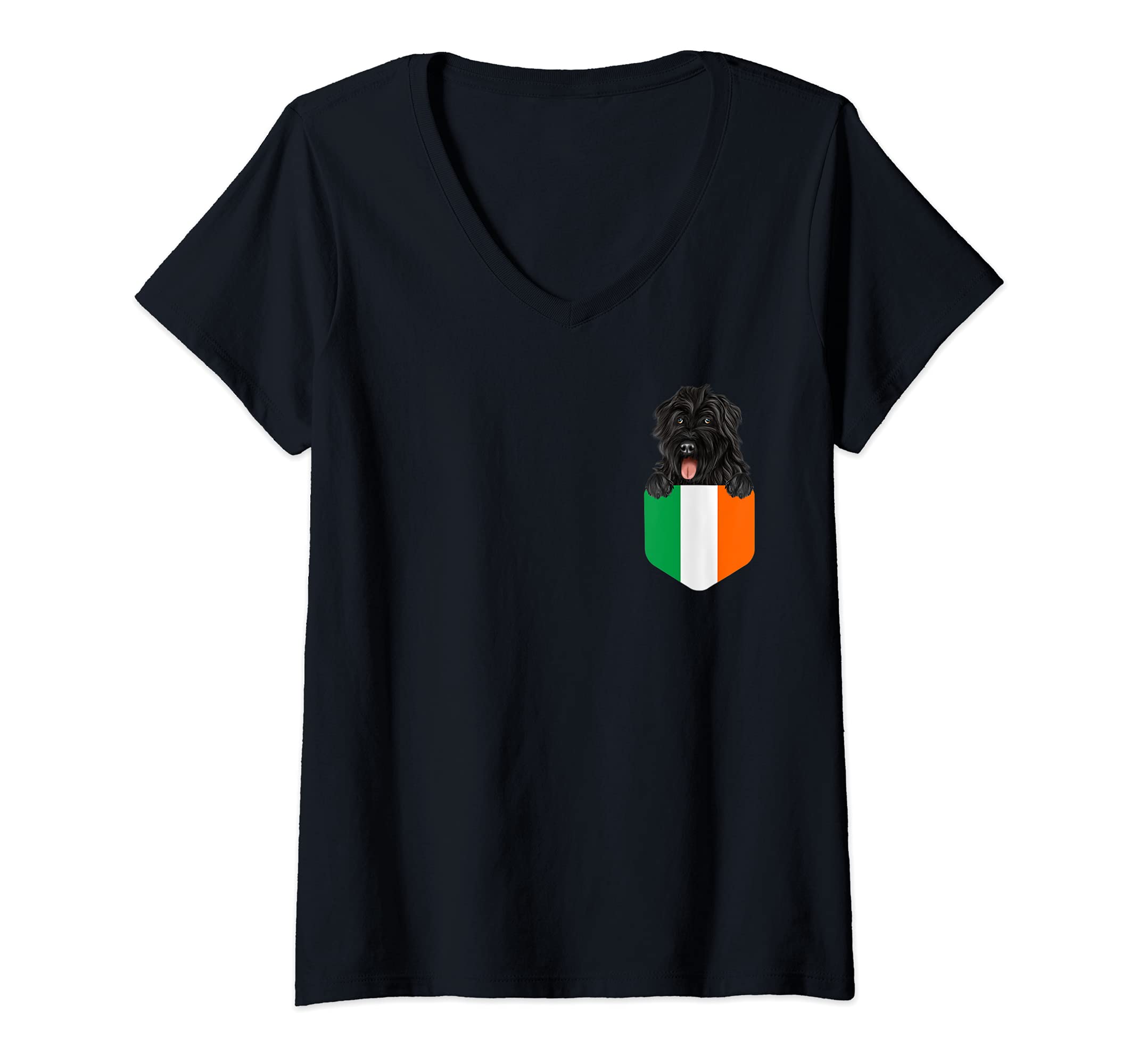 Womens Ireland Flag Bouvier des Flandres Dog In Pocket V-Neck T-Shirt