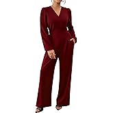 chicyes Women's Jumpsuits Dressy Spring Long Sleeve V Neck Wide Leg Pants Romper Casual Fall Vacation Travel Outfits