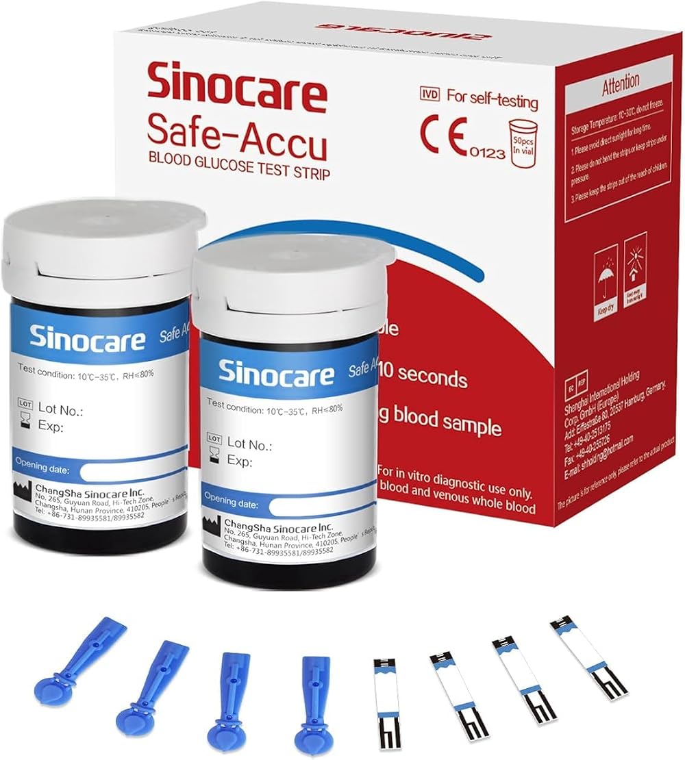 sinocare Safe-Accu Diabetes Test Strips 50 No Code Blood Glucose with Lancing