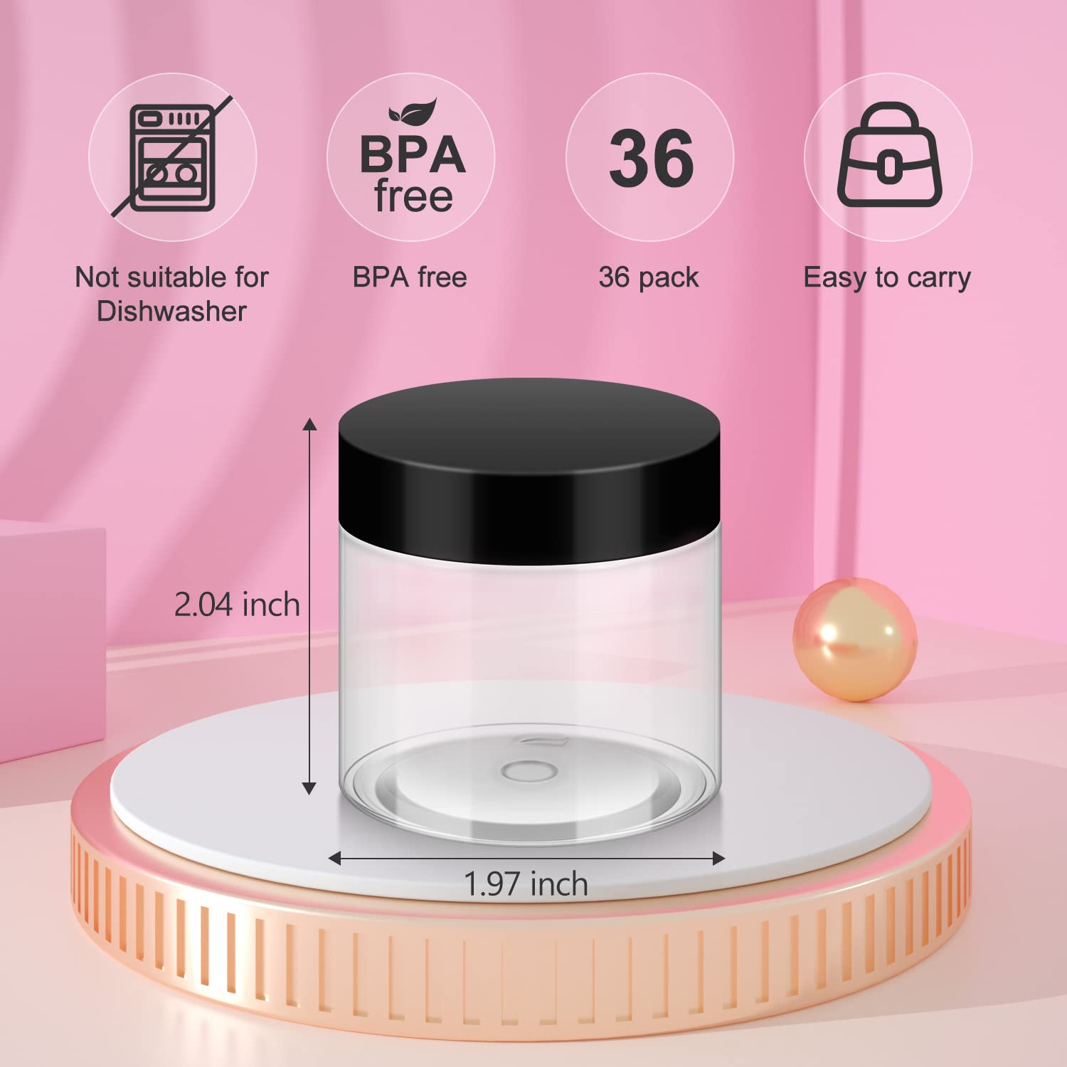 36 Pack 2 OZ Plastic Jars with Lids, BPA Free, Reusable, Refillable Transparent Cosmetic Containers for Bath Salts, Cosmetics, Powders, Beauty Product and Small Accessories