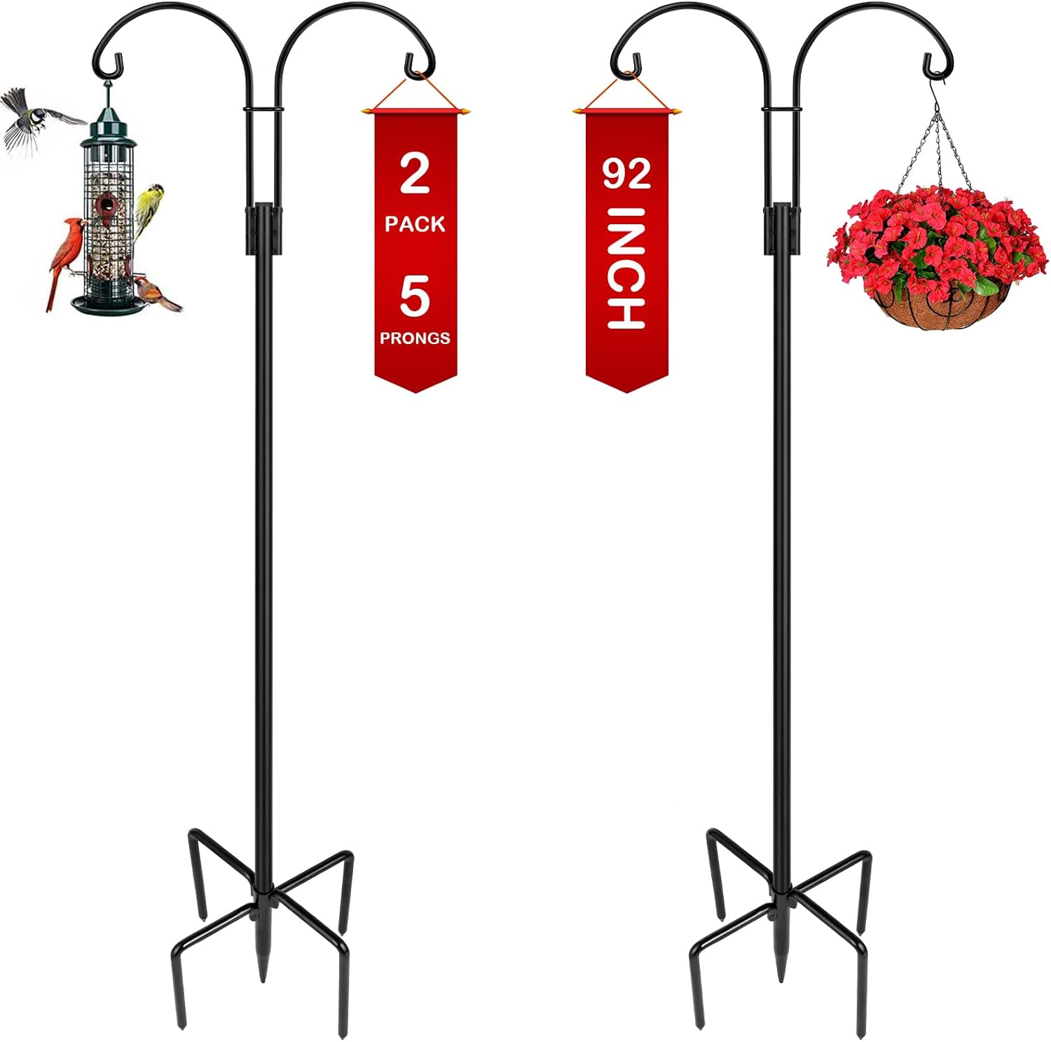 Outdoor Shepherd's Hooks - Double Shepherds Hooks for Outdoor, 2-Pack Heavy Duty Garden Pole for Hanging Bird Feeder, Plant Baskets, Solar Light Lanterns, Garden Plant Hanger Stands with 5 Base Prongs (92 INCH, Style C)