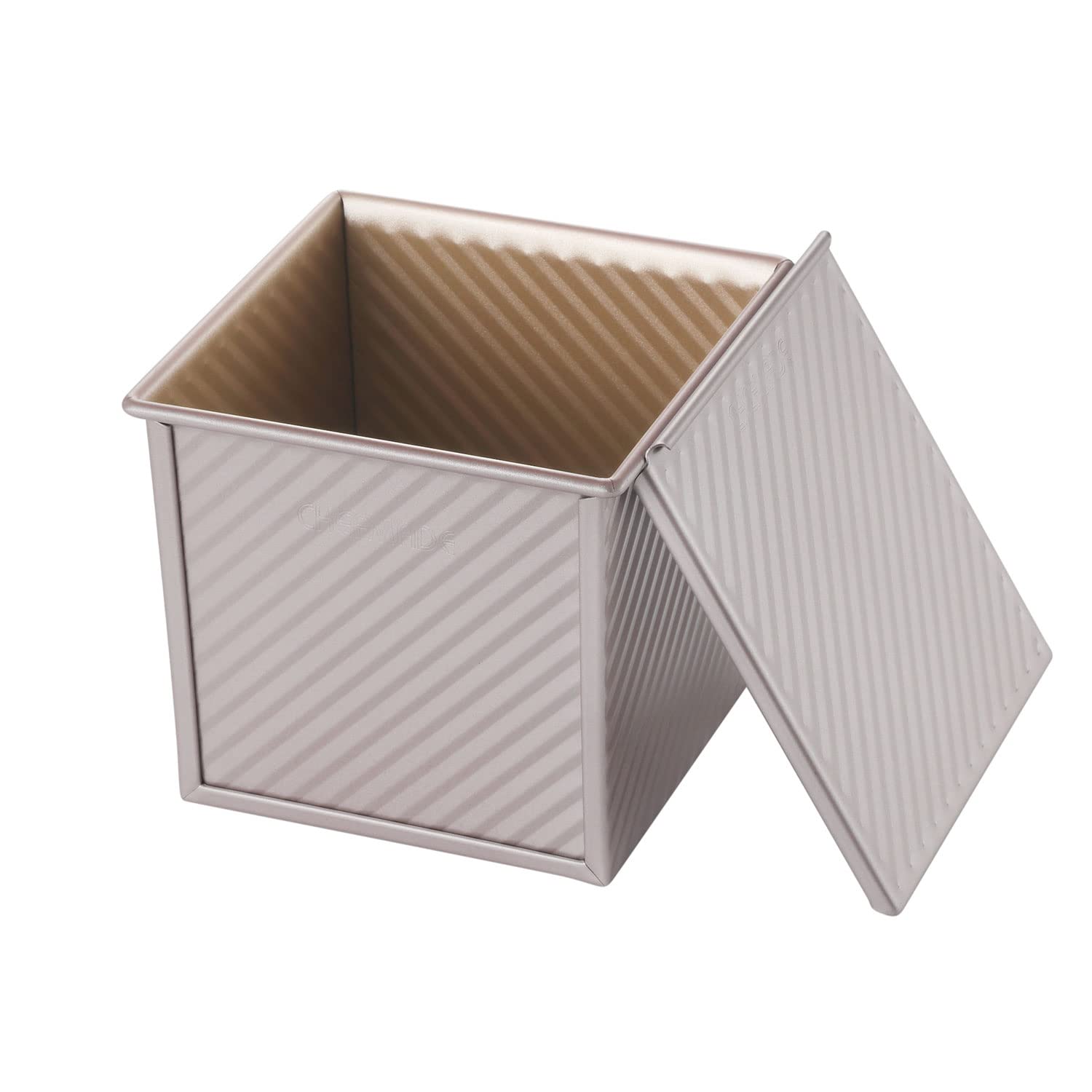 CHEFMADE Square Pullman Loaf Pan with Lid, 1Lb Dough Capacity Non-Stick Rectangle Corrugated Toast Box for Oven Baking 5.7" x 5.7"x 5.2"(Champagne Gold)