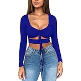 Mizoci Women's Sexy Ruched Tie Up Crop Top Basic Long Sleeve Cut Out T Shirt