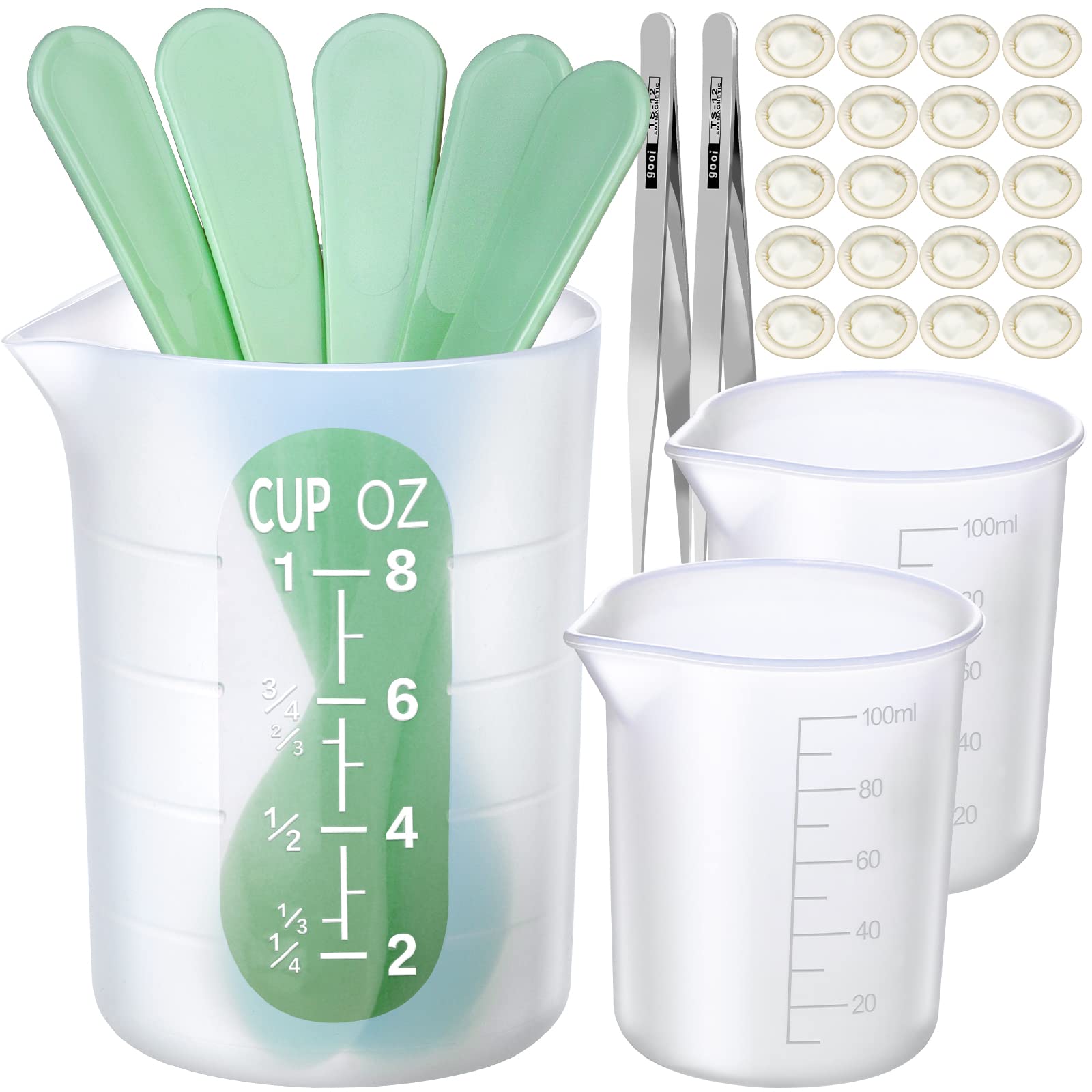 LEOBRO Resin Mixing Cups Silicone Measuring Cups for Epoxy Resin, 250, 100ml Reusable Epoxy Resin Mixing Cups, Silicone Pouring Cup, Thick Hard Stir Stick, Finger Cots, Tweezers