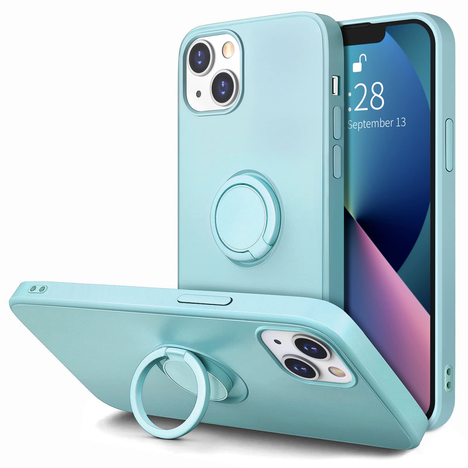 Photo 1 of Hython for iPhone 13 Case with Ring Stand [360° Rotatable Ring Holder Magnetic Kickstand] [Soft Microfiber Lining] Slim Shockproof Rubber Protective Phone Case Cover for Women, Mint