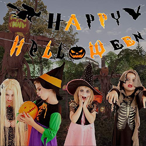 Pancarta Feliz de Halloween, Decoración de la Pancarta de Halloween con Letras, Bruja, Murciélago, Telaraña y mini Arañas, Decoración de Fiesta de Halloween Interior Exterior, duradero, 3 metros
