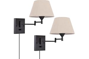 Pauwer Plug in Wall Sconce Set of 2 Swing Arm Wall Lamp with Plug in Cord and Fabric Shade Wall Light Fixtures for Hallway Bedroom Living Room (Beige Shade)