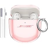 Aircawin for Bose QuietComfort Earbuds II 2022/QuietComfort Ultra 2023 Case Clear,Full Protective Soft Transparent TPU Cover for Bose QC 2 Earbuds with Carabiner and Cleaning Pen-Pink