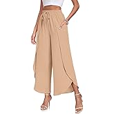 TAOHUADAO Womens Summer Wide Leg Pants with Pockets Side Split High Waisted Palazzo Pants Boho Beach Flowy Trousers