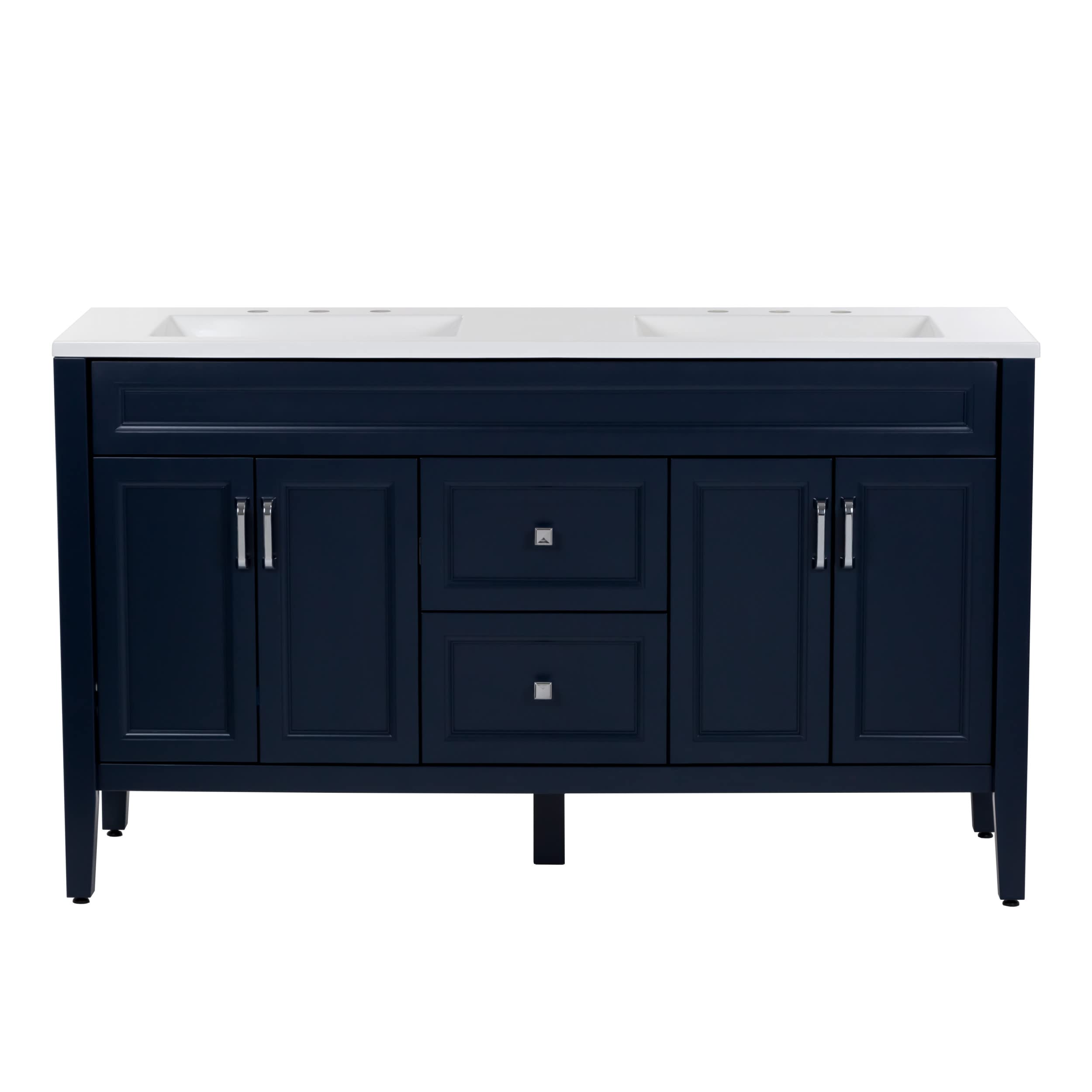 Photo 1 of Spring Mill Cabinets Vadin 60 Inch Double-Sink Bathroom Vanity with White Top, 2 Soft-Close Drawers, 2 Cabinets, 60.5" W x 18.75" D x 35.43" H, Blue