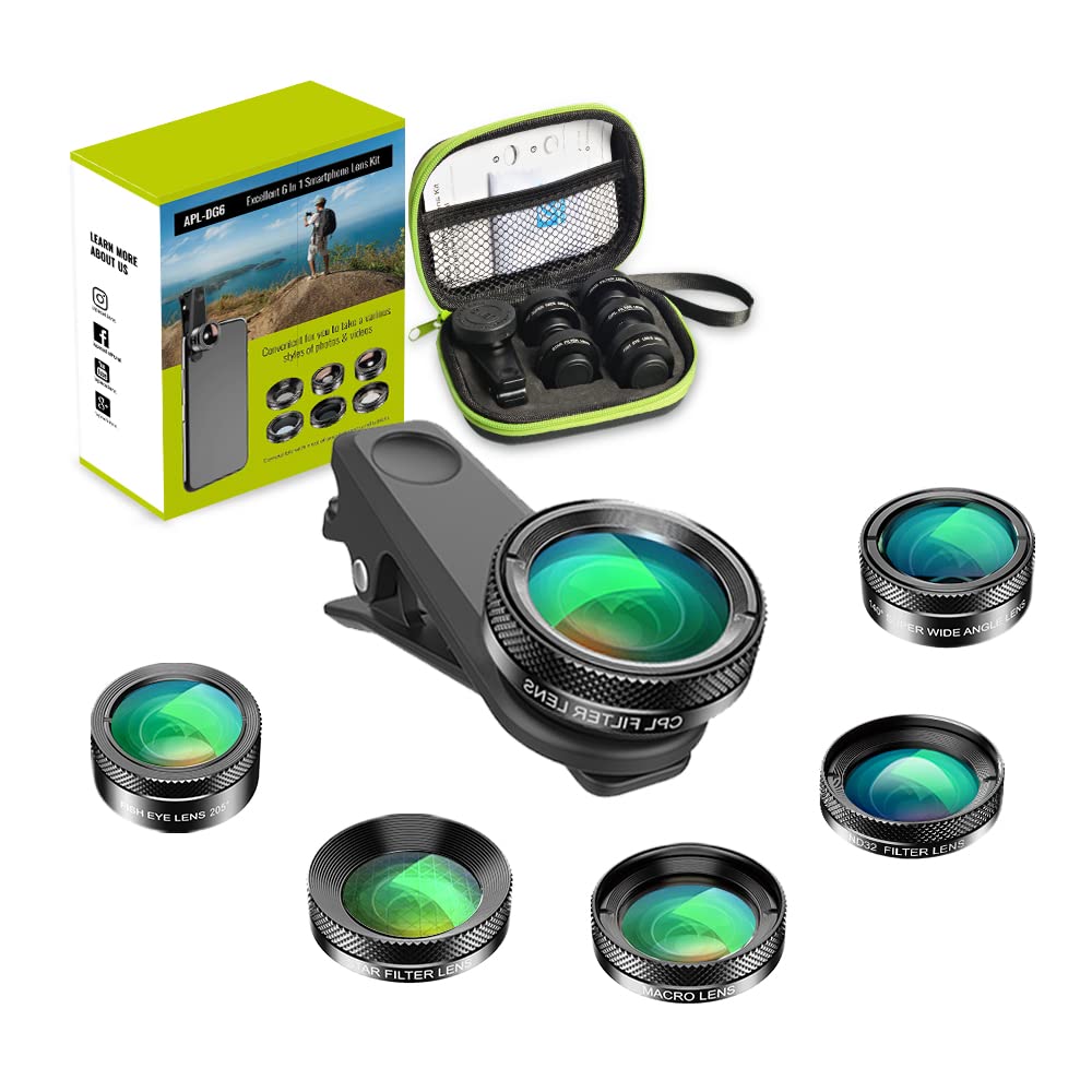 Updated Version Apexel 6 In 1 Phone Camera Lens Kit Wide Angle Lens + Macro Lens + Fisheye Lens + ND Filter+ CPL/Star Filter Clip-On Phone for iPhone 8/x 7/Plus Samsung S8 Android Smartphones