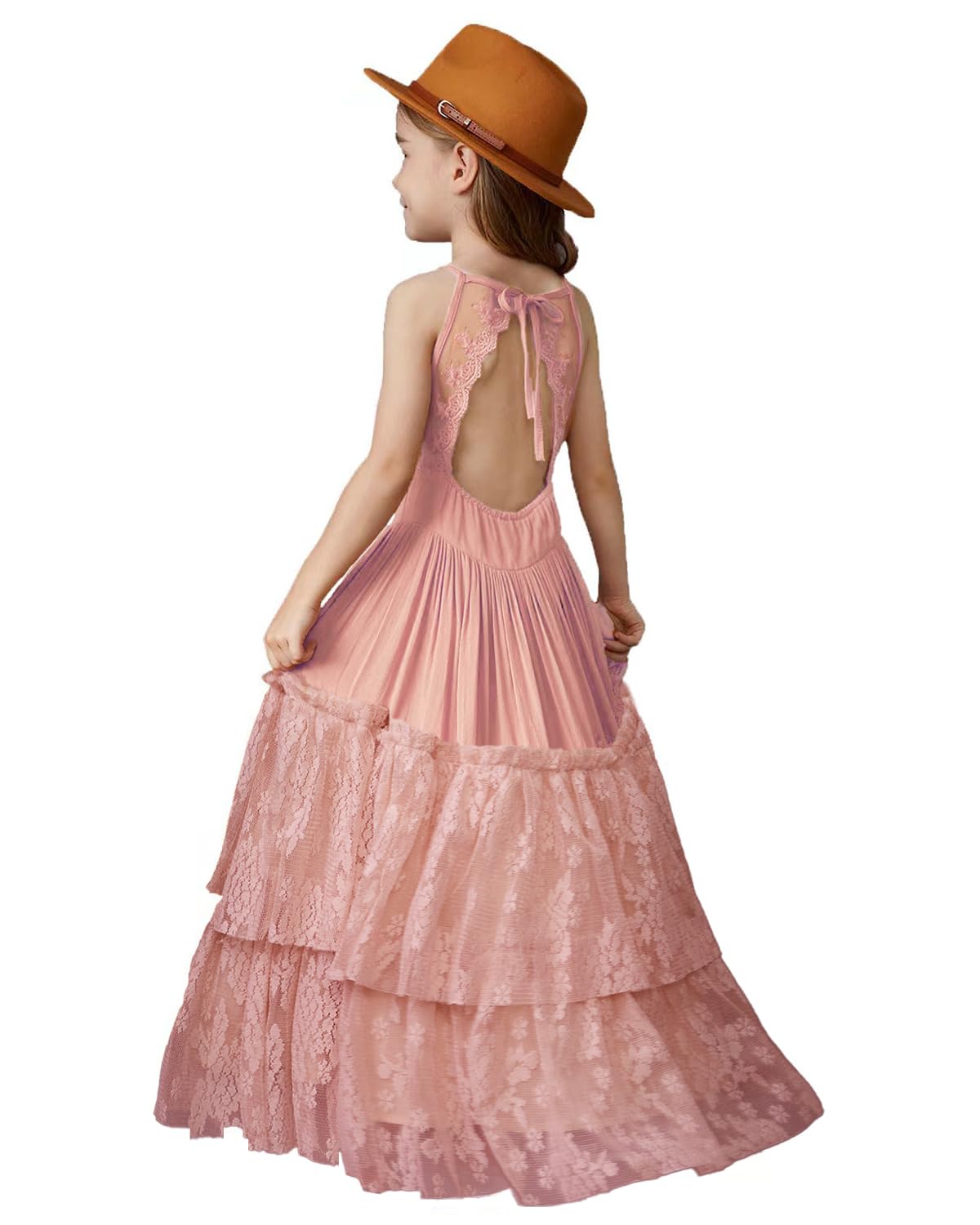 BIBIHOU Girls Crew Neck Toddler Backless Tulle A-Line Maxi Dress Holiday Party Flower Girl Dresses, 7 Years Image