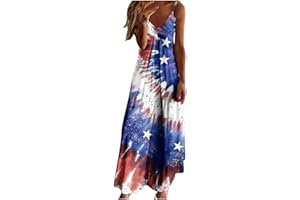 MAMIDAY 2024 Casual Maxi Dresses for Women Spaghetti Strap Patriotic Dress V Neck American Flag Dress Independence Day Outfit