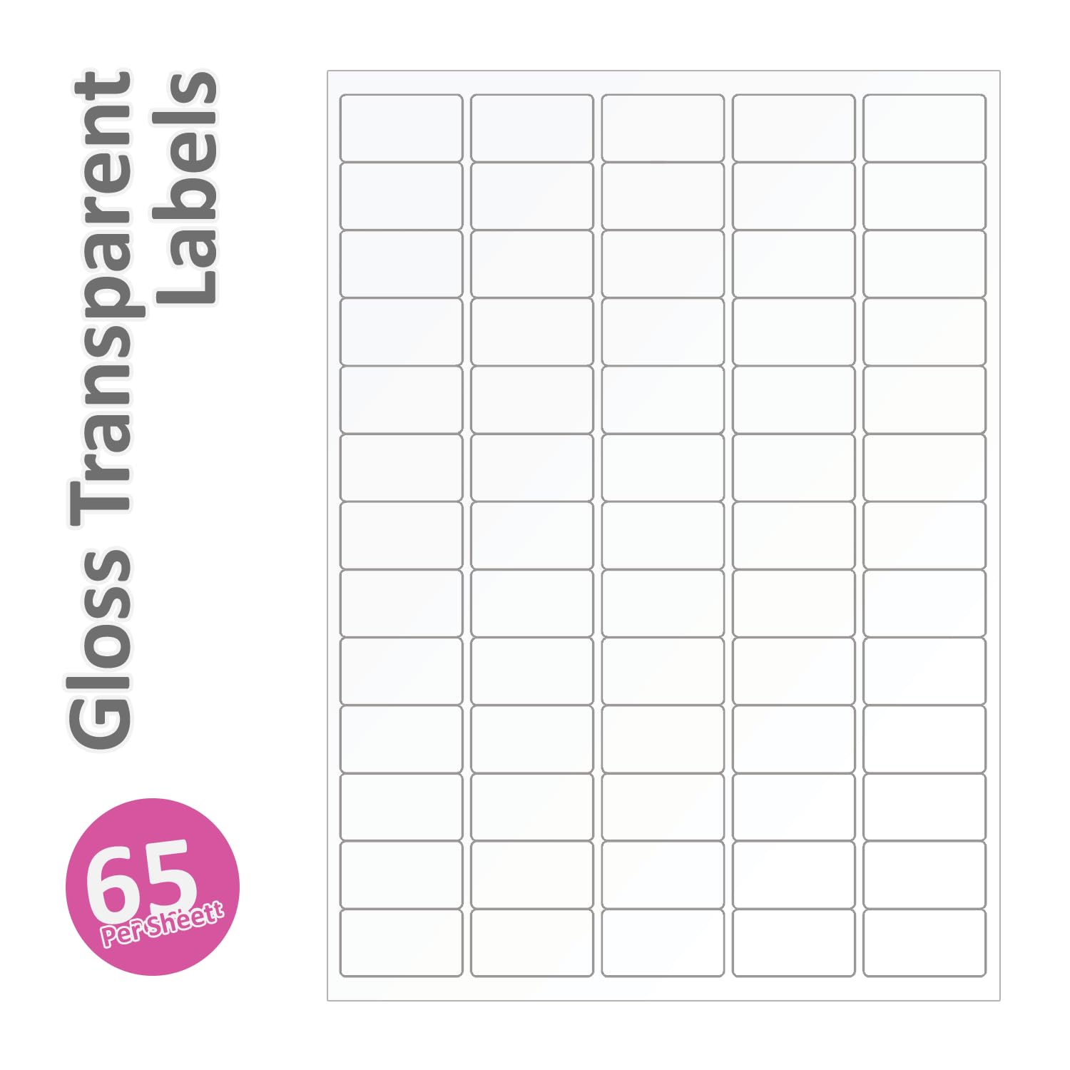 Label Planet® 65 Per Page/Sheet 5 Sheets (325 Transparent Sticky Labels) Clear Polyester Blank A4 Gloss Waterproof Printable Stickers, for Laser Printer, 38.1 x 21.2 MM UK LP65/38 GTP