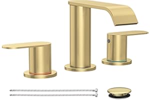 Homevacious Brushed Gold Bathroom Faucet 3 Hole 8 Inch Widespread Waterfall Bathroom Sink Faucets 2 Handles with Pop-up Drain and Supply Lines for Bath Vanity Commercial Lavatory Rv Restroom