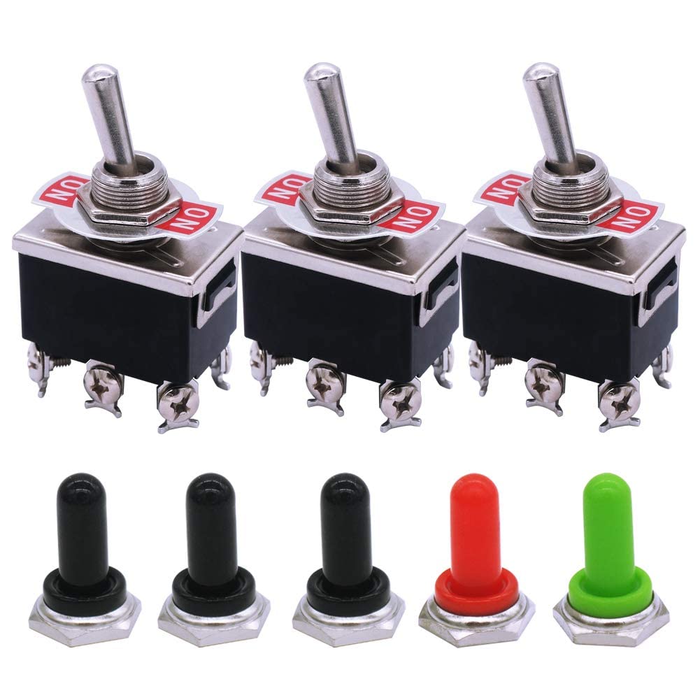 mxuteuk 3pcs Heavy Duty Rocker Toggle Switch 15A 250V DPDT ON/ON 6 Terminal 2 Position + 5pcs Metal Knob Cover Cap Waterproof,Ten-1321-5mz-B202