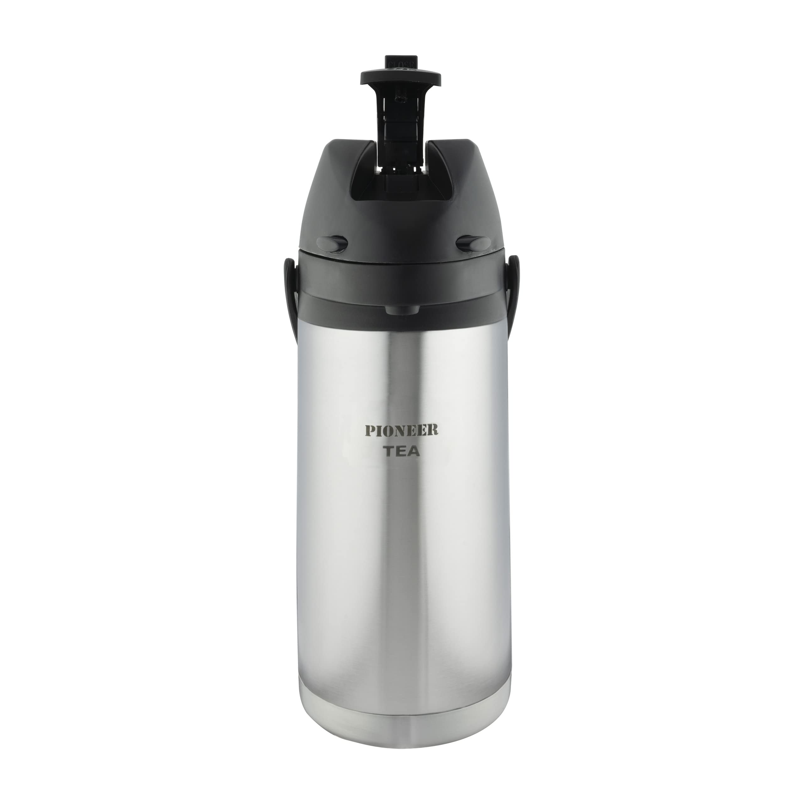 Pioneer 1.9L Stainless Steel Lever Airpot, Leakproof Flask for Hot and Cold Drinks, Easy Pump Drink Dispenser for Events with Tea Label, Silver