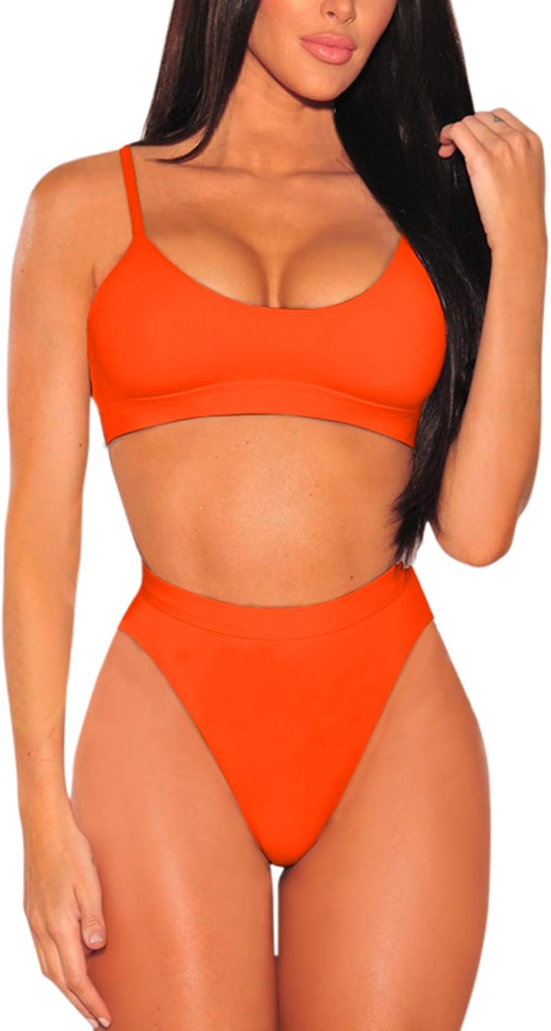 Pink Queen Women's Push Up Pad High Cut High Waisted Cheeky Two Piece Swimsuit: Clothing