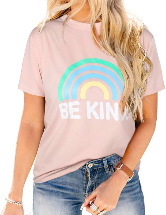 Blooming Jelly Womens Rainbow T Shirt Round Neck Short Sleeve Summer Tops Cute Graphic Tees