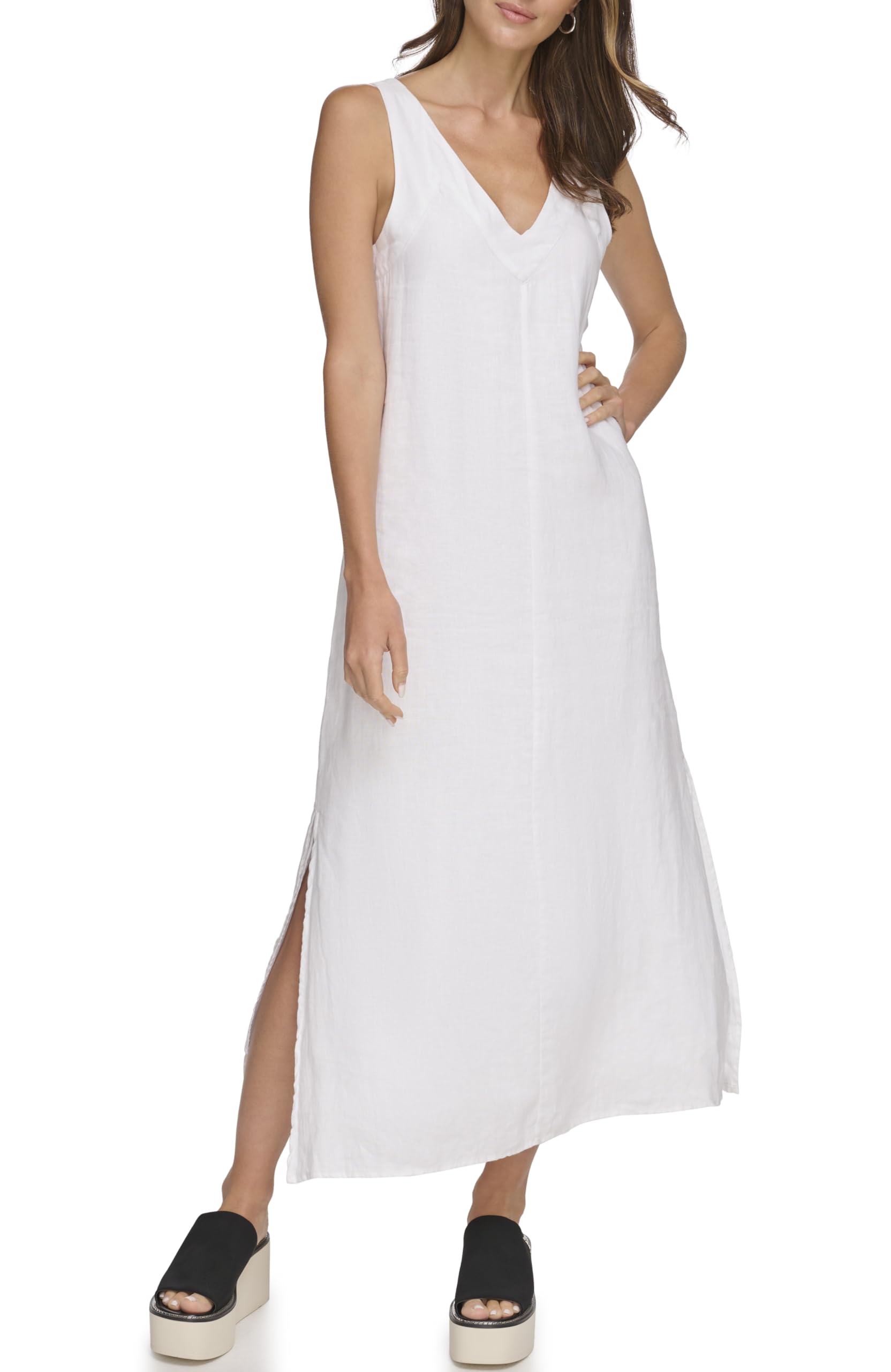 DKNY Women’s Lightweight Linen Maxi Dress, White, X-Large