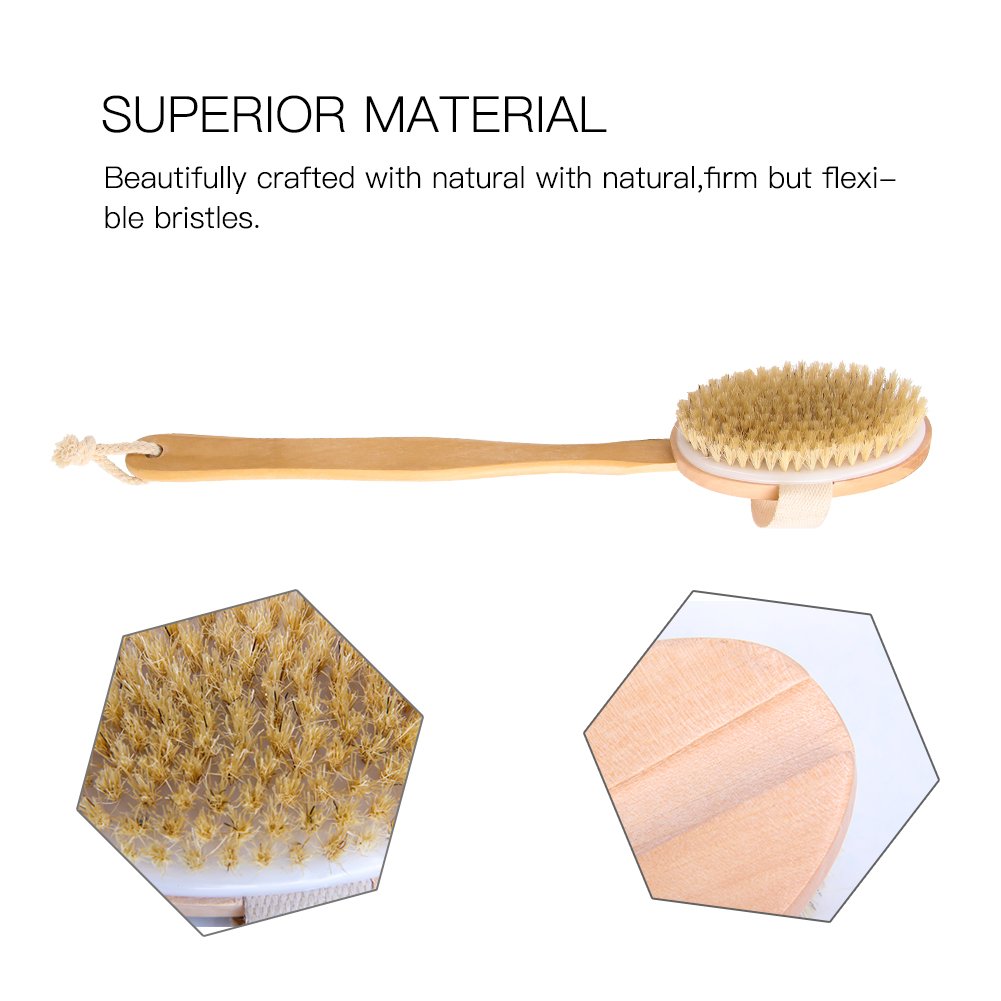 Longhandle Dry Skin Bath Body Brush - Detachable Boar Bristle Shower Brush with Grip for Elders Perfect for Cellulite and Exfoliating
