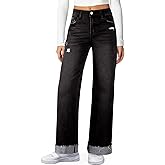 Sidefeel Women's Wide Leg Jeans High Waisted Stretchy Distressed Straight Leg Folded Hem Loose Denim Pants