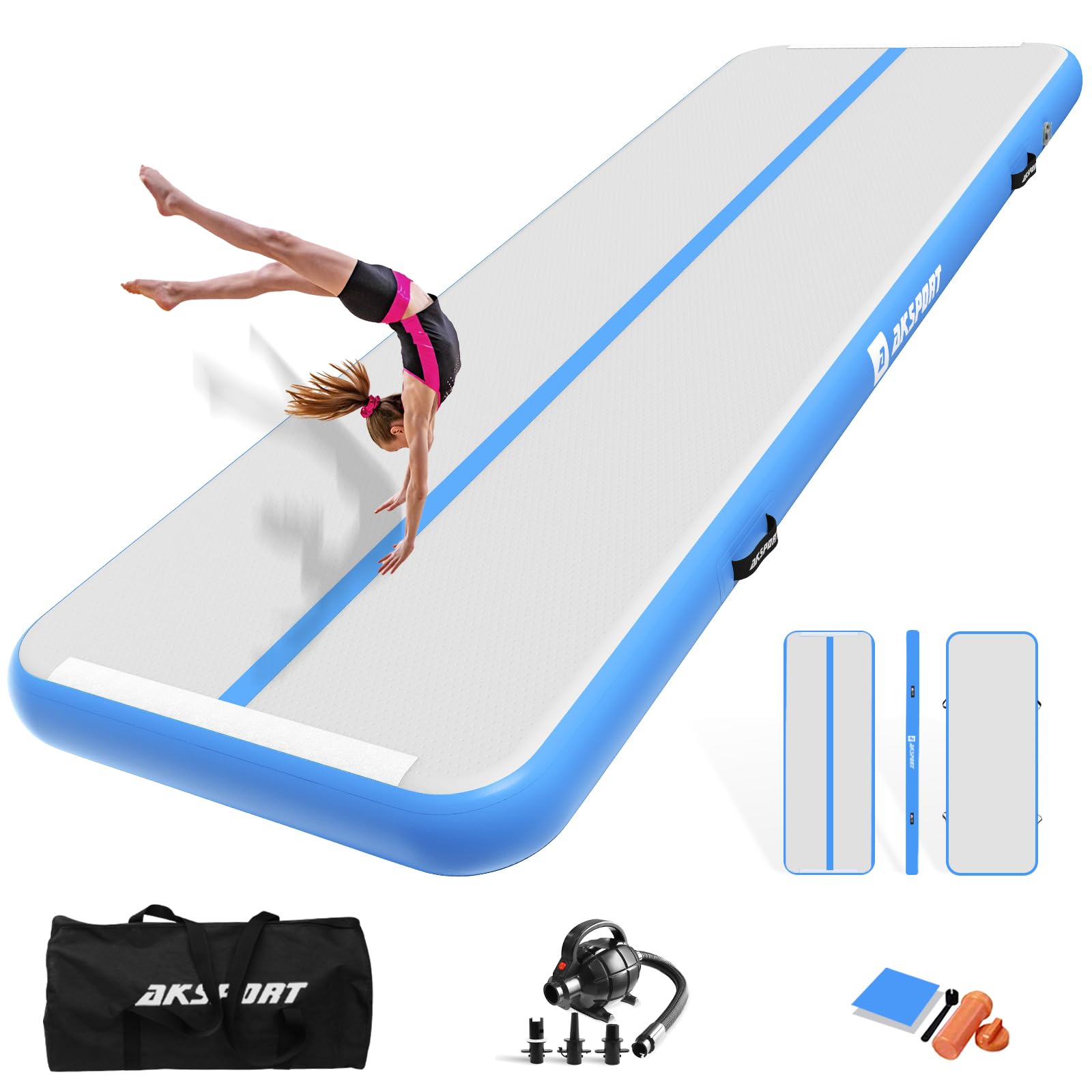 Air Track 10ft 13ft 16ft 20ft Airtrack Gymnastics Tumbling Mat Inflatable Tumble Track with Electric Air Pump for Home Use/Tumble/Gym/Training/Cheerleading, Light Blue+, 16ft Image