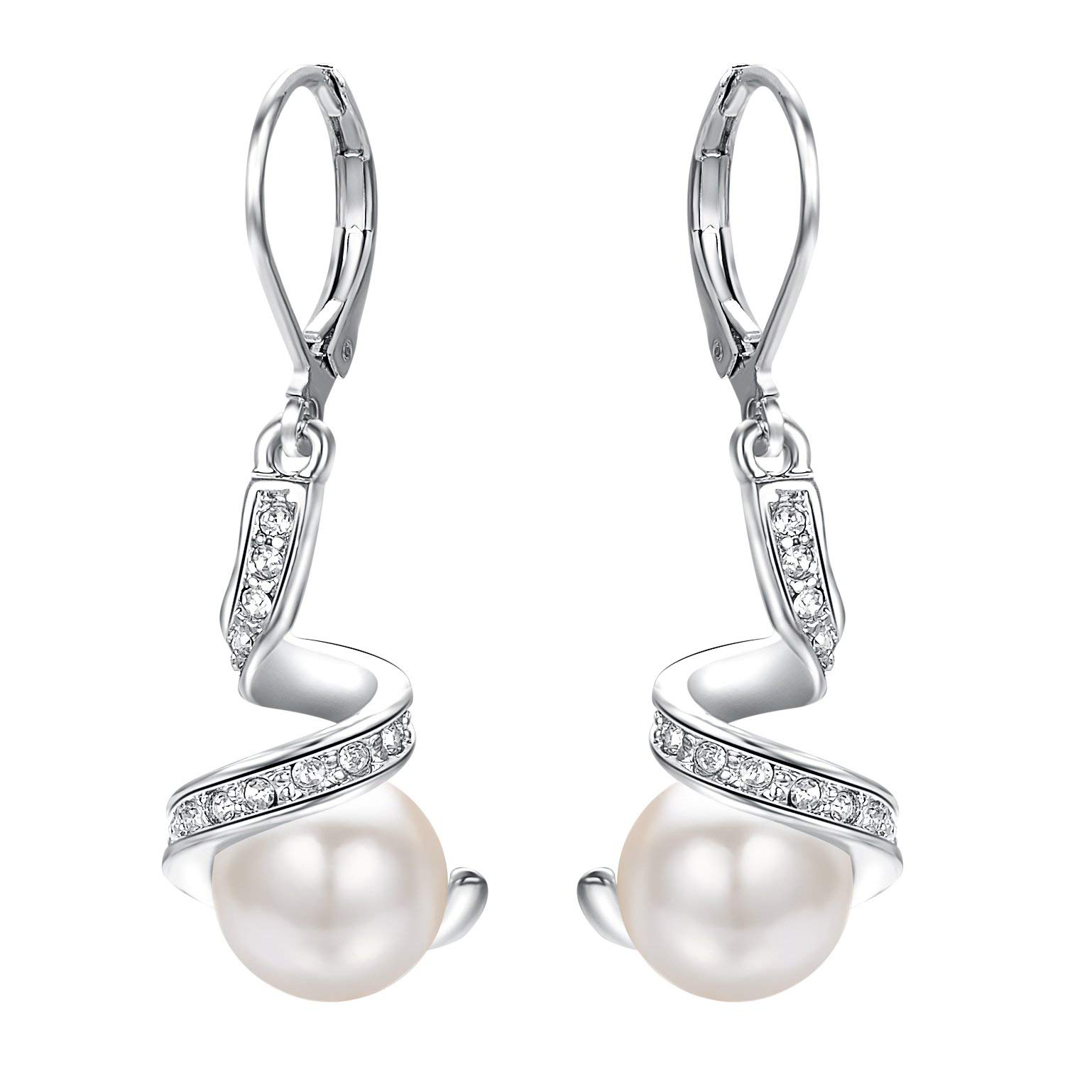 Vogem White Pearl Earrings Dangle for Women Spiral Cubic Zirconia Leverback Earrings 18ct White Gold Plated Fashion Jewellery Gift