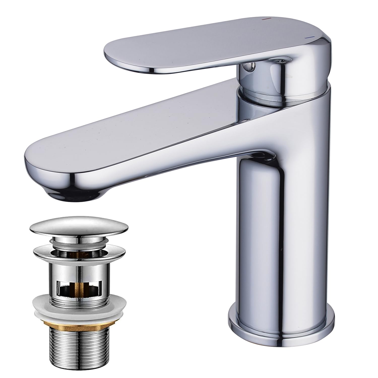 Bathroom Taps, NEWRAIN Basin Mixer Tap with Pop Up Sink Plug, Solid Brass Modern Single Lever Chrome Bathroom Faucet