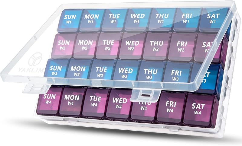 Yaklim Large Monthly Pill Box Organiser 28 Day 4 Week with Dust-Proof Case