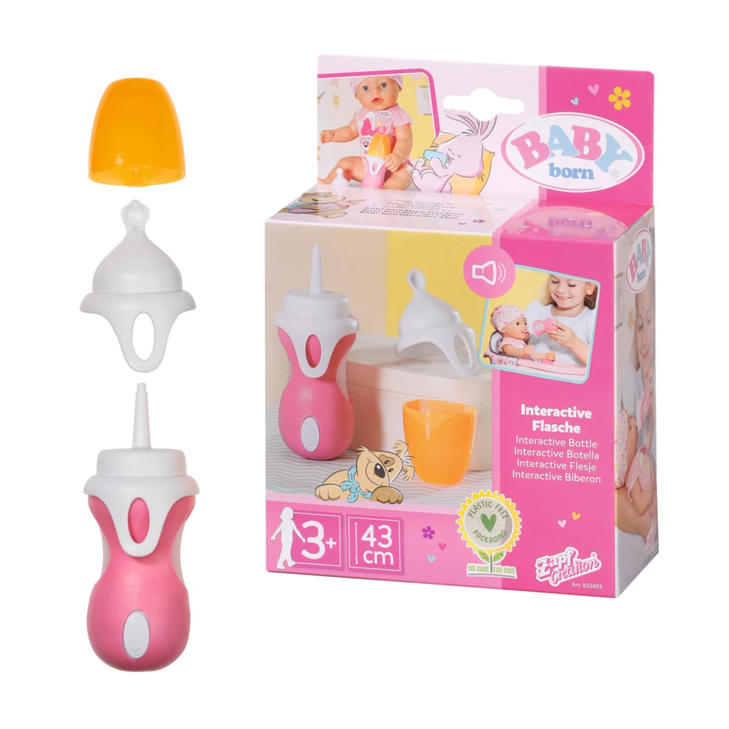 BABY born 832493 Interactive Bottle & Spoon - For 43cm Dolls - Includes Two Attachments & Sound Effects - Kids Age 3+, Rosa