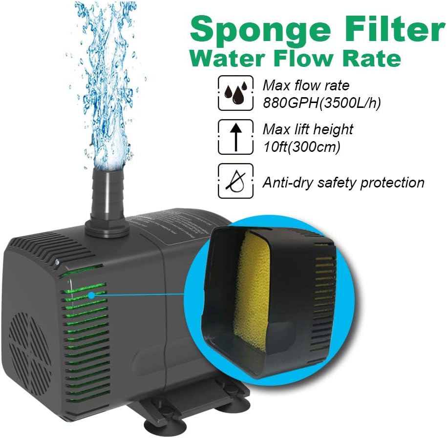 Knifel Submersible Pump 880GPH Ultra Quiet with Dry Burning Protection 10.2ft High Lift for Fountains, Hydroponics, Ponds, Aquariums & More…………: Home Improvement