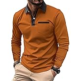 PEVOSU Mens Long Sleeve Polo Shirts Casual Cotton Polo T Shirt with Pocket Classic Button Collared Golf Shirt