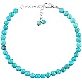GEMKORA Natural Real Turquoise Crystals Bracelet, 4mm Best Grade Plain Round Beads, Chakra Healing Gemstone, Beautiful Simple Jewelry, Silver Plated Jewelry 8 inch