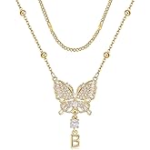 MEIITRUE Butterfly Initial Necklaces for Women 14K Gold Plated Dainty Layered Beaded Chain Necklace with Cubic Zirconia Butterfly Pendant Letter Charm Personalized Stackable Jewelry Gift for Her