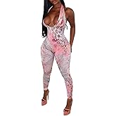 Molilove Women's Cheetah Print Jumpsuits Sleeveless Halter V Neck Backless Bodycon Pants Sexy Leopard One Piece Club Outfits