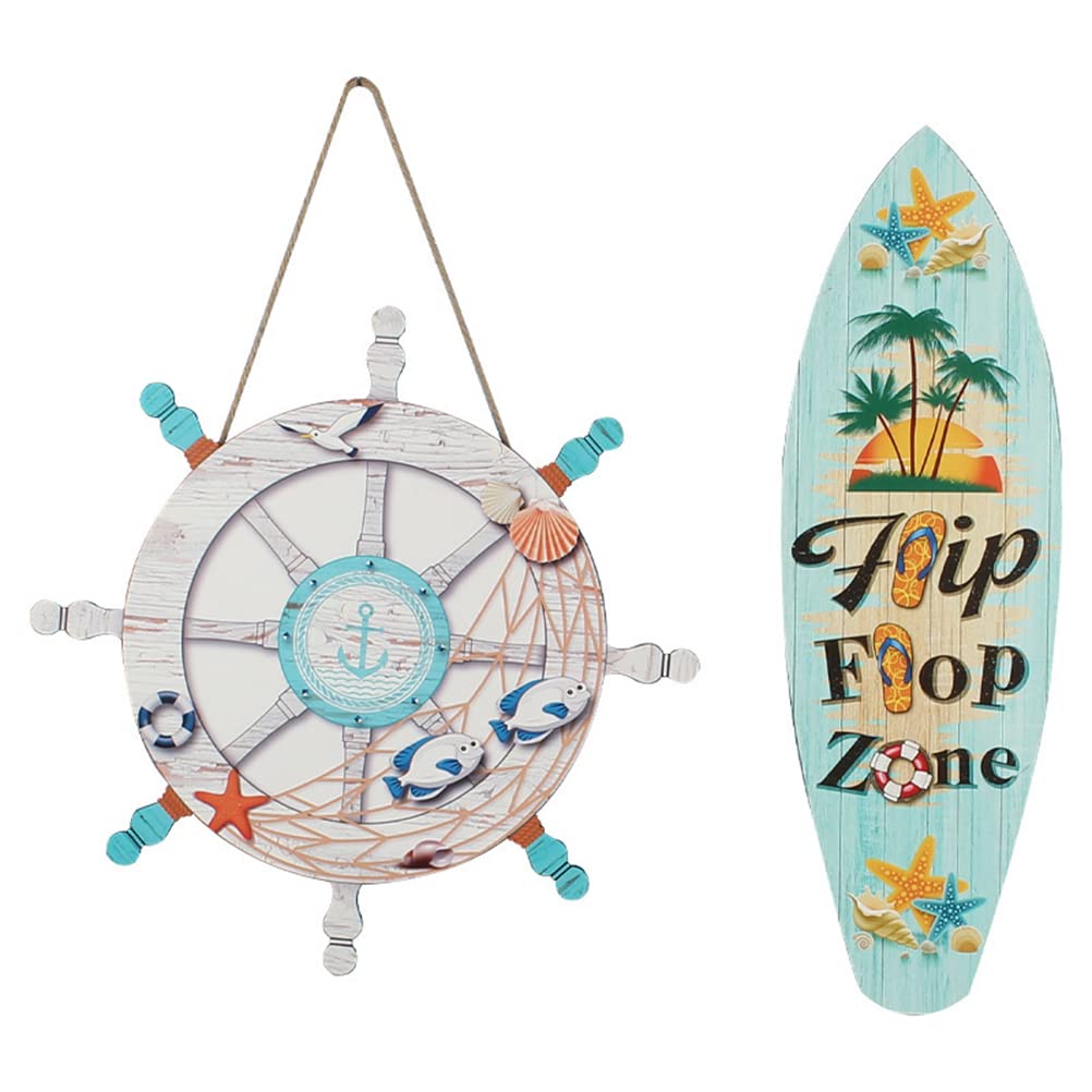 Sahgsa Pack of 2 Ocean Hanging Wall Decoration Wooden Steering Wheel and Surfboard Pendant Hanging Decoration Made of Wood Decoration for Hanging Wall Art Wall Decoration for Living Room, Bedroom