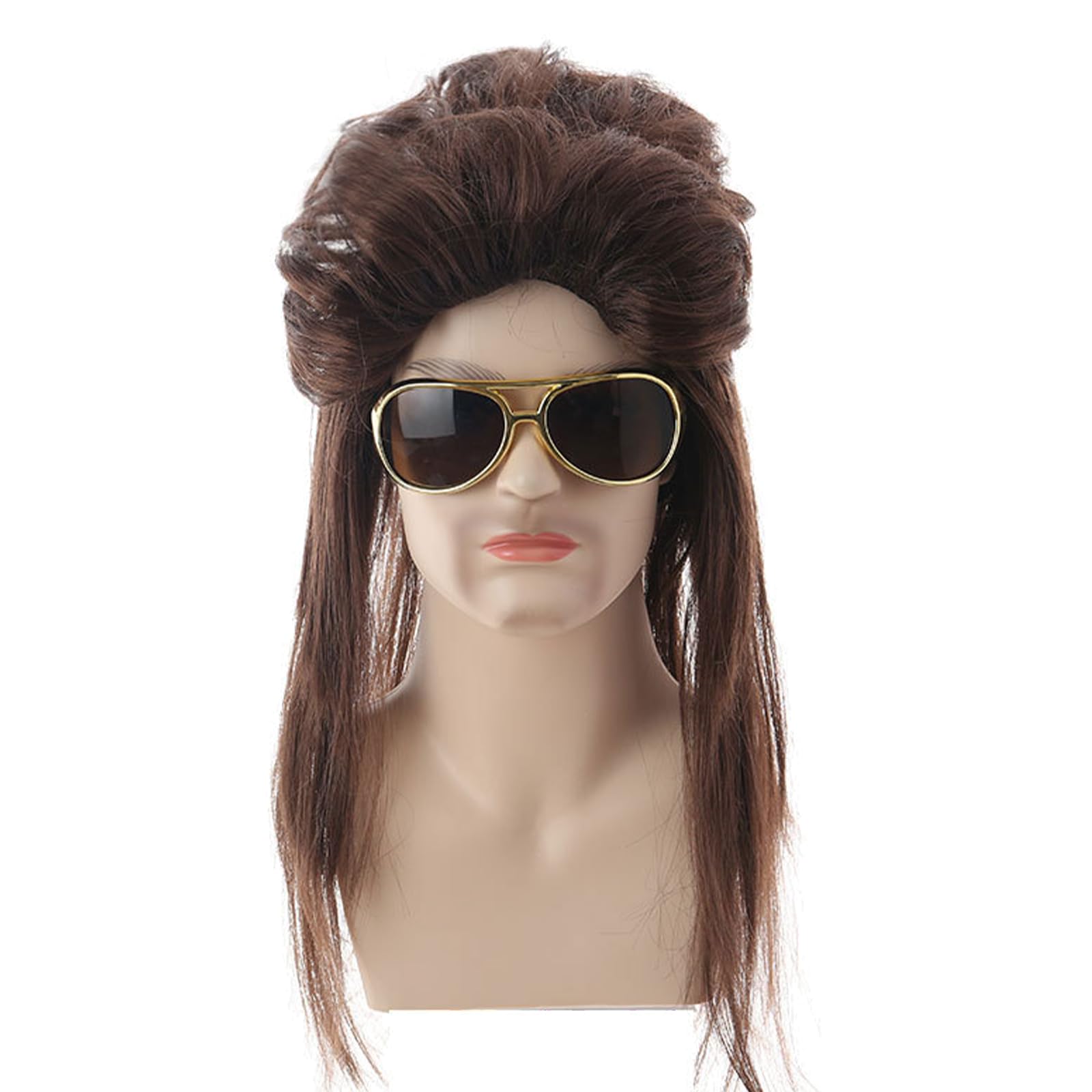 Ninnyi Brown Mullet Wigs for Men, Long Curly Hippie Rocking 80s Mens Wig